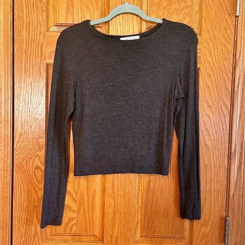 Lime Blue Women's Gray Long Sleeve Cropped Blouse Size M Casual Top